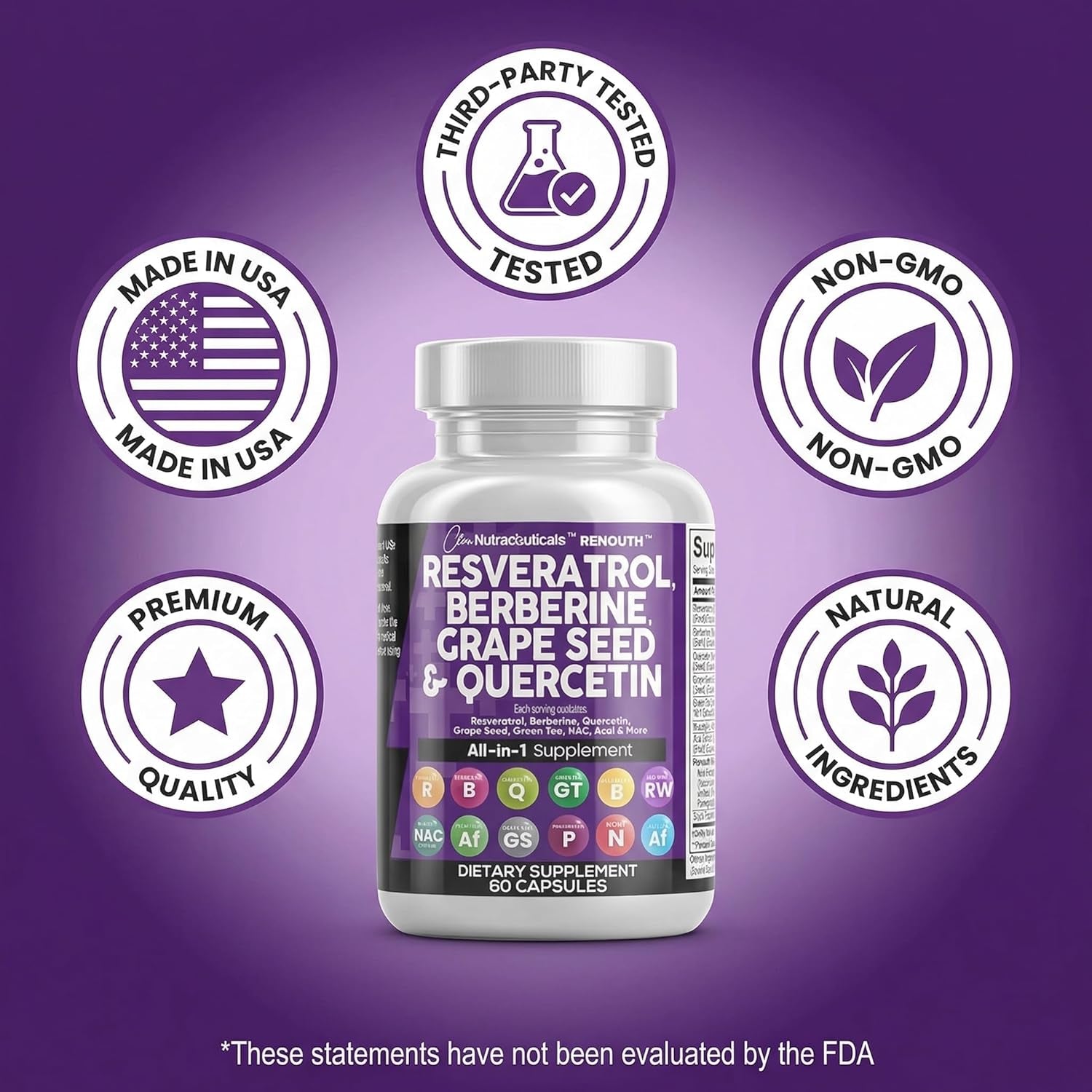Clean Resveratrol Supplement | Berberine Grape Seed Extract Quercetin Green Tea Extract Acai Noni Polyphenol Supplement for Women & Men N-Acetyl Cysteine