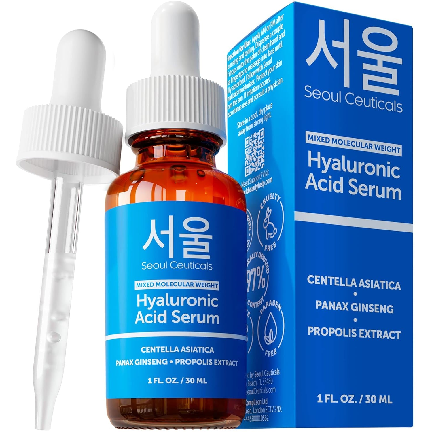 SeoulCeuticals Korean Hyaluronic Acid Serum – Dual Molecular Weight HA, Centella & Propolis for Deep Hydration | 30ml | K-Beauty