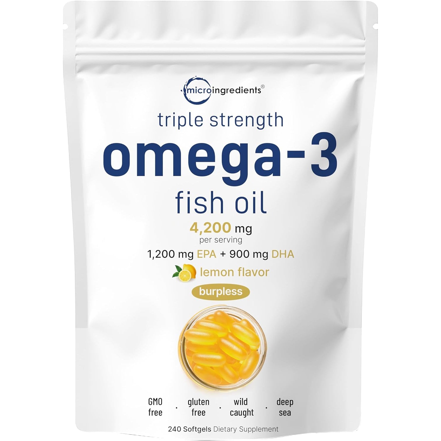 Micro Ingredients Triple Strength Omega 3 Fish Oil Supplements 4200Mg per Serving, 240 Softgels – Lemon Flavored – Burpless | EPA 1200Mg + DHA 900Mg | Deep Sea Fish