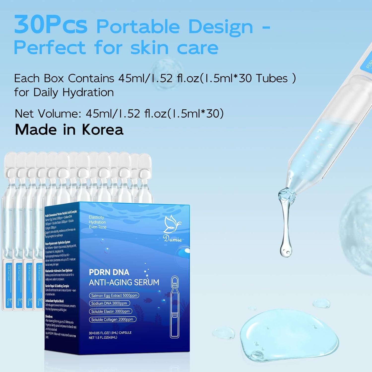Salmon DNA PDRN Anti-Aging Serum, 5000Ppm Salmon Egg DNA Ampoule, 2000Ppm Collagen, Glutathione, Niacinamide & 6 Hyaluronic Acids, Korean Skincare for Wrinkles & Radiance,0.05 Fl.Oz X 30E