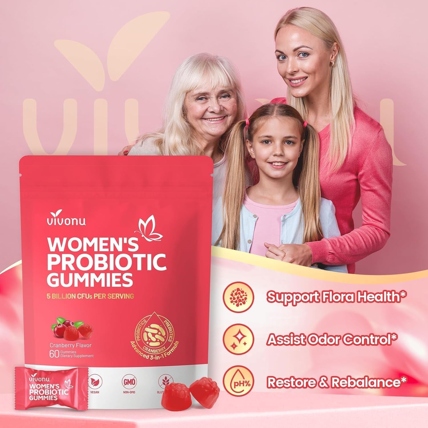 Vivonu Women's Probiotic Gummies – 60 Count | 500 Million CFUs & Fibre | Feminine Balance, Digestive & Gut Health | Vitamin C Immune Support