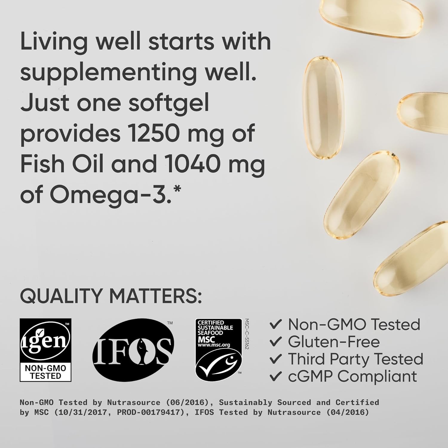 Sports Research® Omega-3 Fish Oil 1250 - Triple Strength Fish Oil Supplement from Wild Alaska Pollock - MSC Certified Sustainable · Non-Gmo · Soy Free - 90 Softgel Capsules