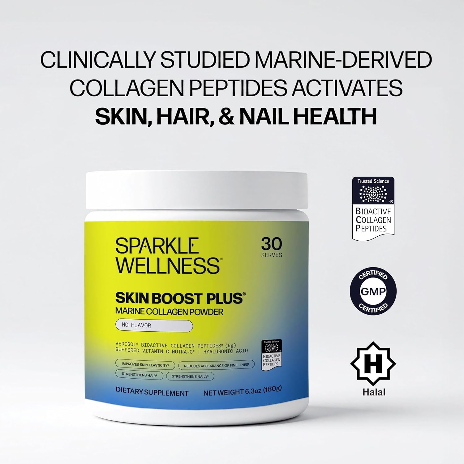 Sparkle Wellness Marine Skin Boost plus (No Flavor) [30-Serves] | Collagen Powder Supplement with Marine-Derived VERISOL Bioactive Hydrolyzed Collagen Peptides, Vitamin C & Hyaluronic Acid