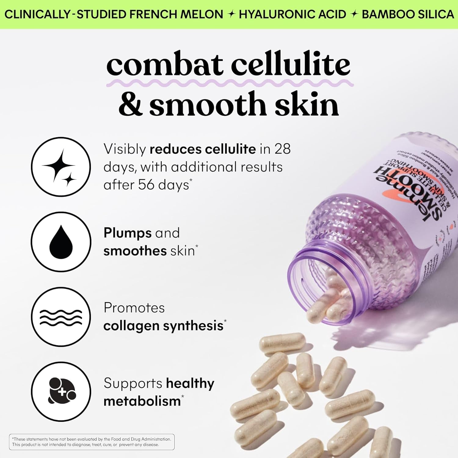 Smooth anti Cellulite Capsules for Women, Smooth Legs & Thighs, Reduce Cellulite & Crepey Skin W/Clinically Studied SOD & Silica (1 Month Supply 30 Ct)