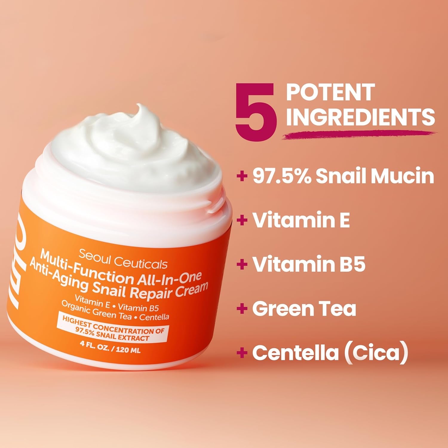 SeoulCeuticals 97.5% Snail Mucin Moisturising Cream – Korean Anti-Ageing Repair for Face | Day & Night | 120ml | K-Beauty