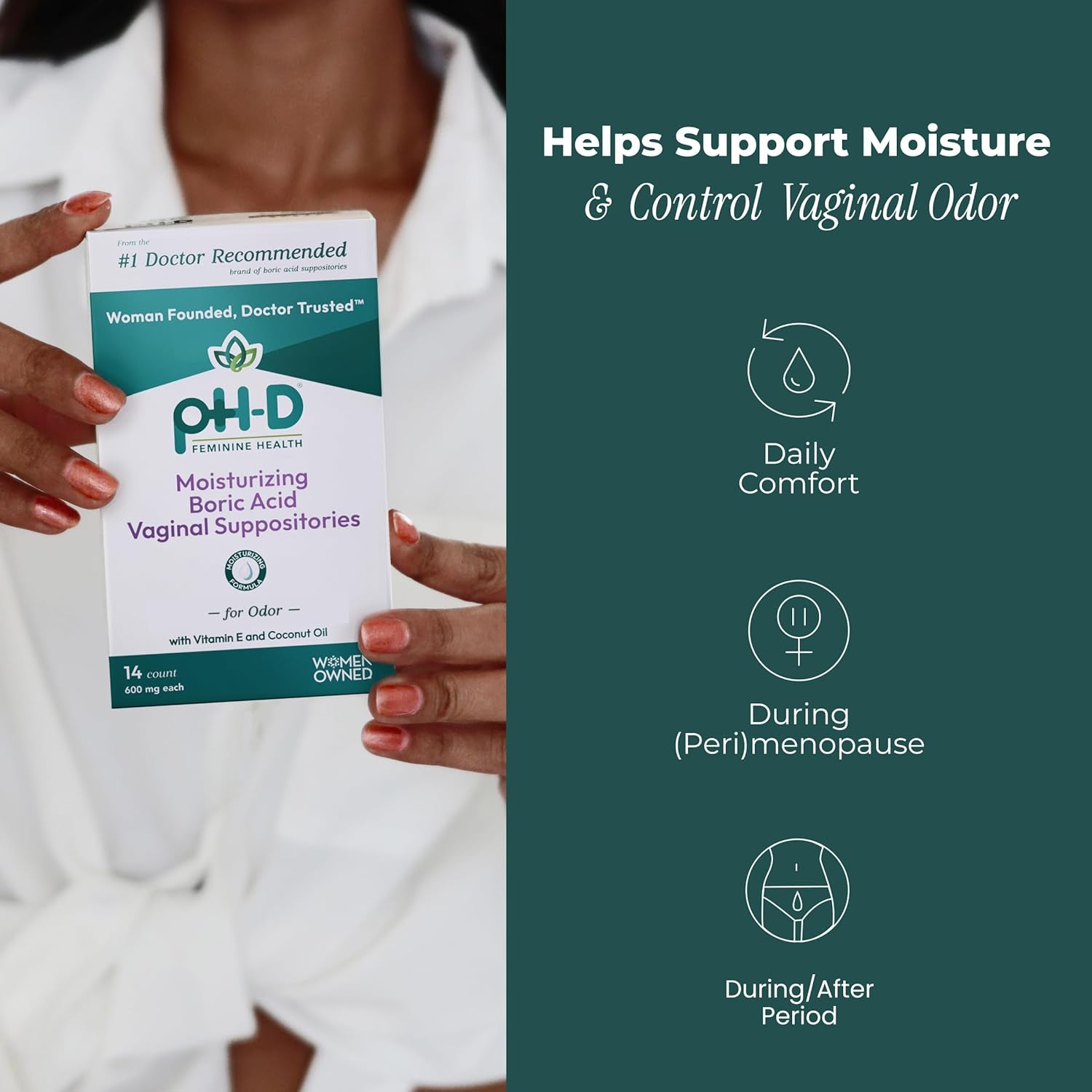 pH-D Feminine Health Boric Acid Suppositories – pH Balance & Vaginal Odour Control | Paraben-Free & Cruelty-Free | 14 Count