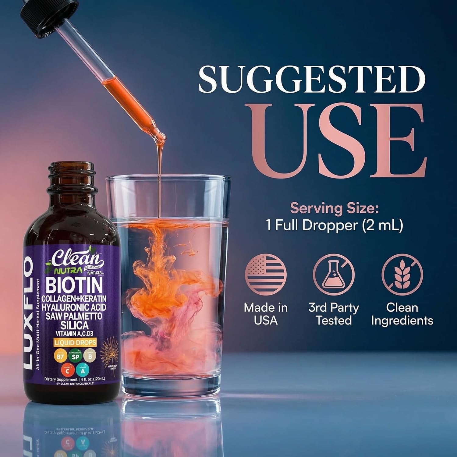 Clean Nutraceuticals Liquid Biotin & Collagen Hair Growth Drops – Keratin, Hyaluronic Acid, Saw Palmetto & Silica | Hair, Skin & Nails | 120ml