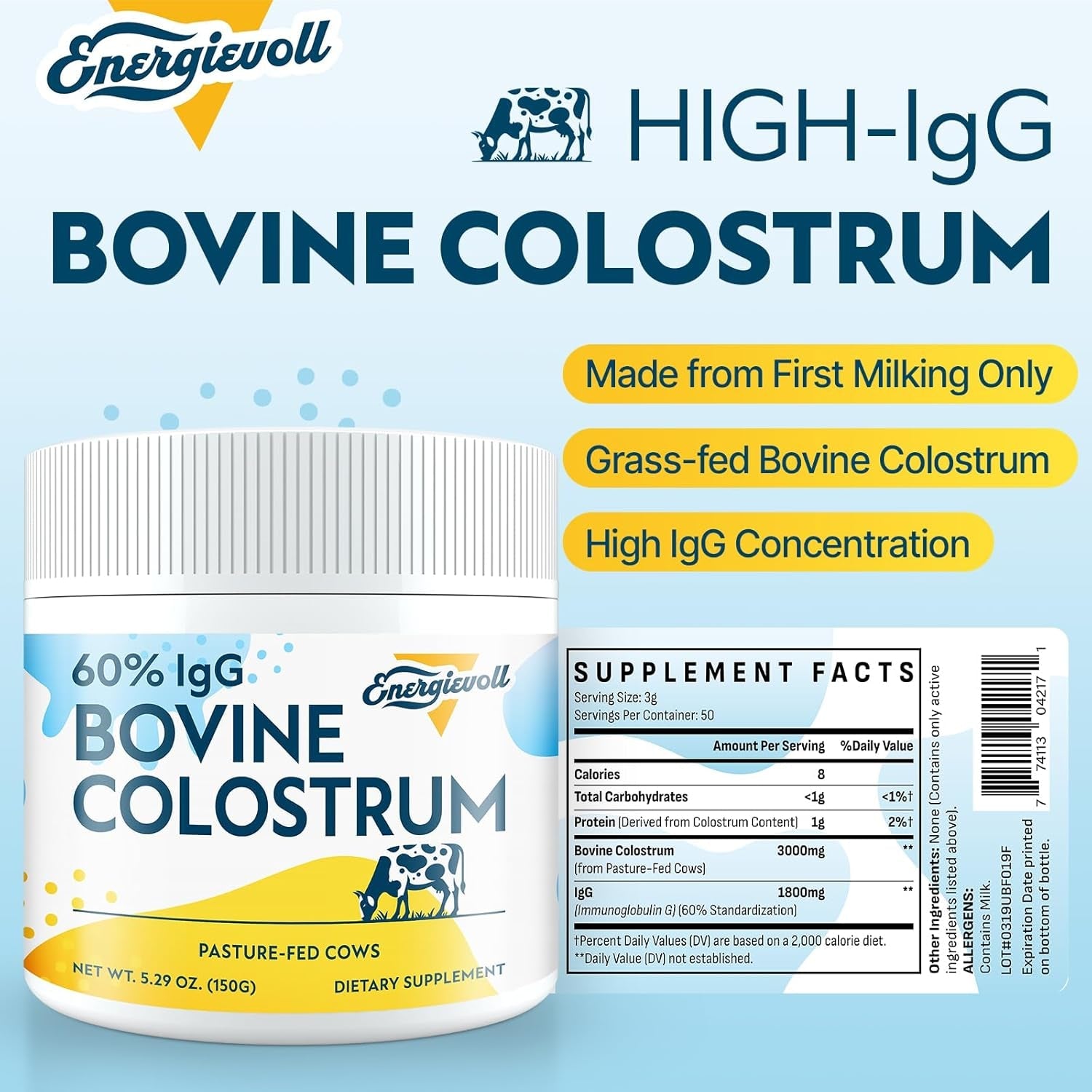 Energievoll 60% IgG Bovine Colostrum Supplement Powder – 150g | Premium Grass-Fed Immune Support (Unflavored, 50 Servings)
