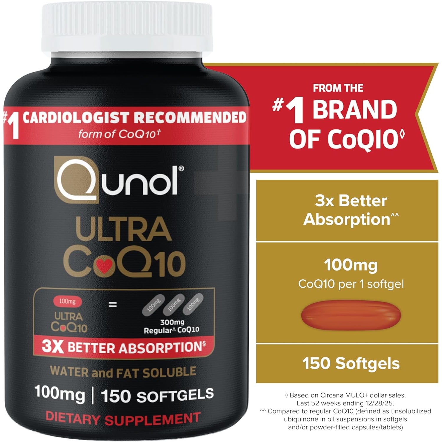 Qunol Ultra Coq10 100Mg Softgels- 3X Better Absorption Coenzyme Q10 Supplements - Antioxidant Supplement for Vascular and Heart Health & Energy Production - 5 Month Supply - 150 Count