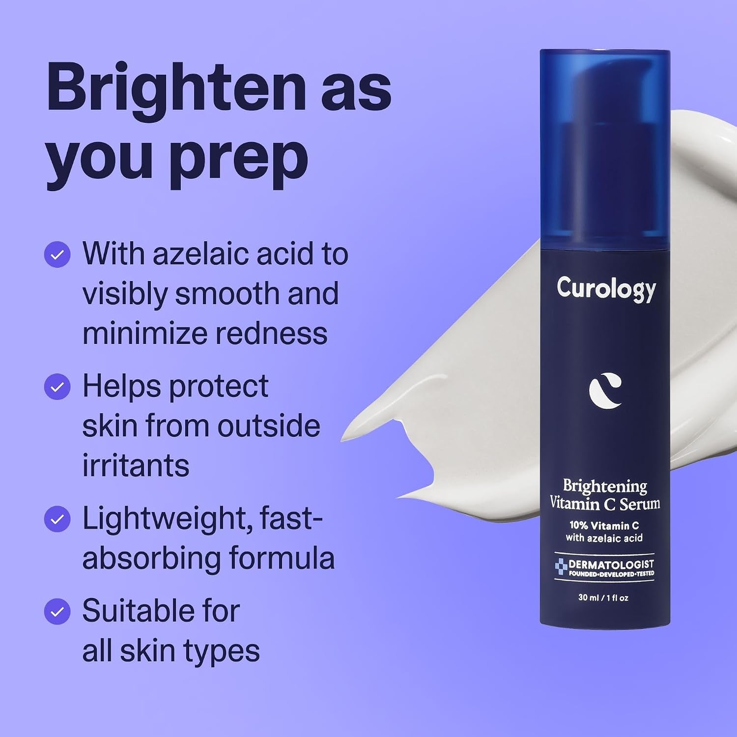 Curology Brightening Vitamin C Serum, Visibly Evens Skin Tone, Smooths Texture, and Calms Redness, Milky Texture, 1 Fl Oz