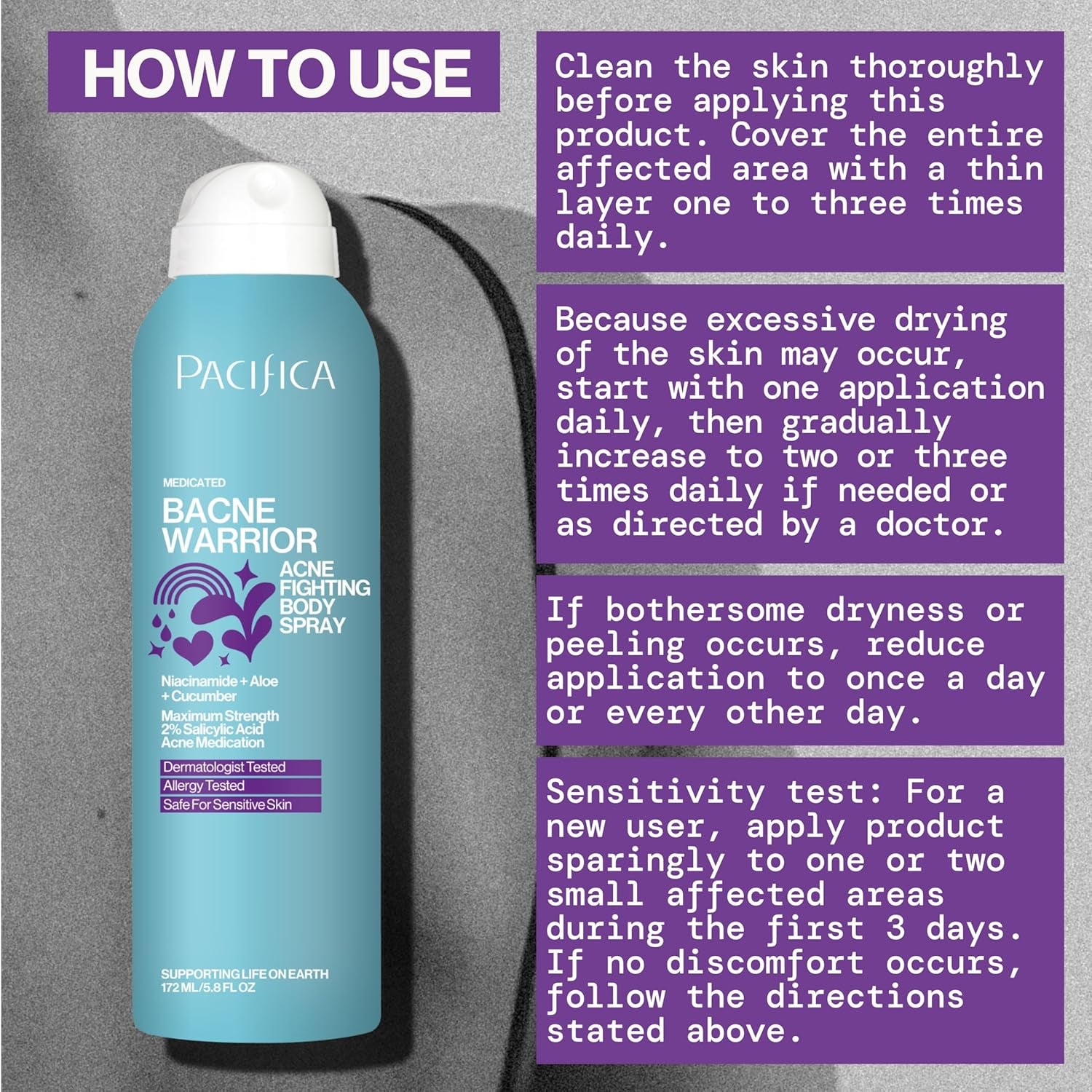 Pacifica Bacne Warrior - Bacne Salicylic Acid Spray, Back Acne Treatment Spray with 2% Salicylic Acid, Niacinamide, and Aloe, Body Acne Warrior for Body, Chest, and Back, Dermatologist Tested- 6 Fl Oz