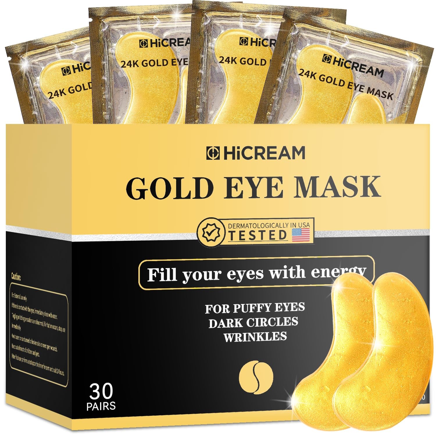 Hicream 24K Gold Collagen Eye Patches – Hyaluronic Acid for Dark Circles, Puffiness & Anti-Ageing | 30 Pairs