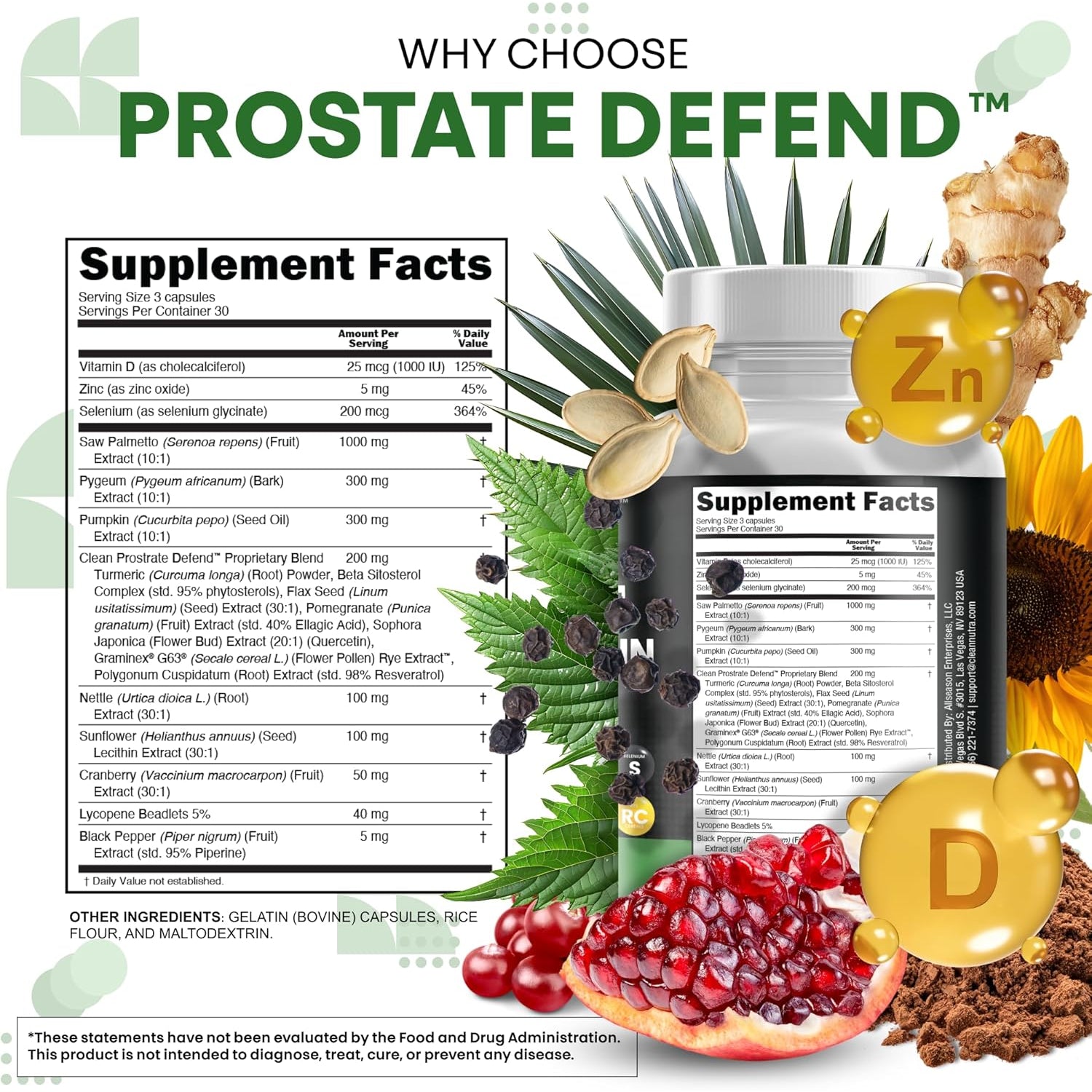Clean Nutraceuticals Saw Palmetto Pumpkin Seed Oil Pygeum Sunflower Lecithin Stinging Nettle Cranberry - Prostate Supplements for Men with Lycopene - 90 Caps