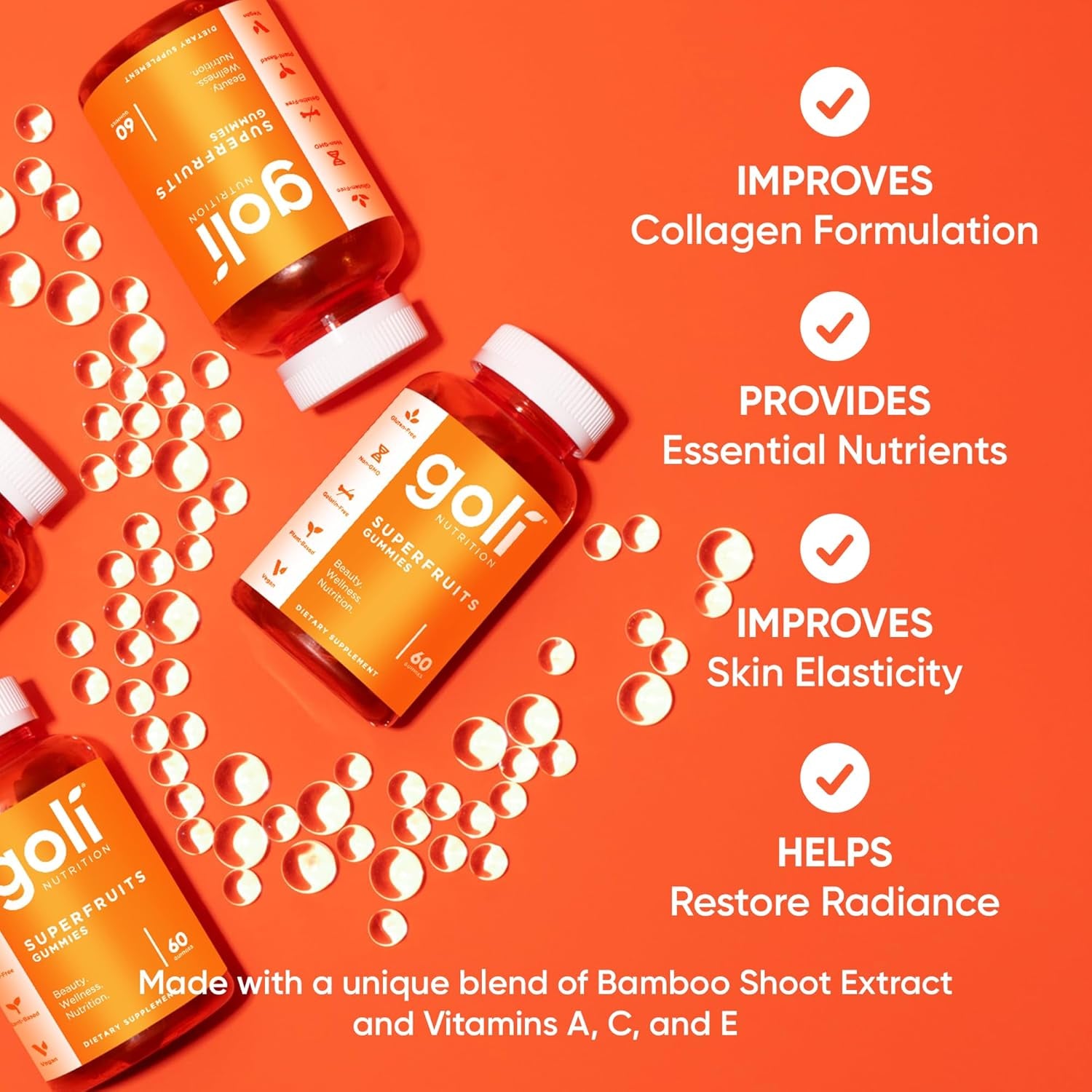 Goli Superfruits Beauty Gummies with Bamboo Silica - Vitamins A, C, E, Zinc - Collagen Support with Superfruit Blend - Vegan, Non-Gmo, Gluten-Free