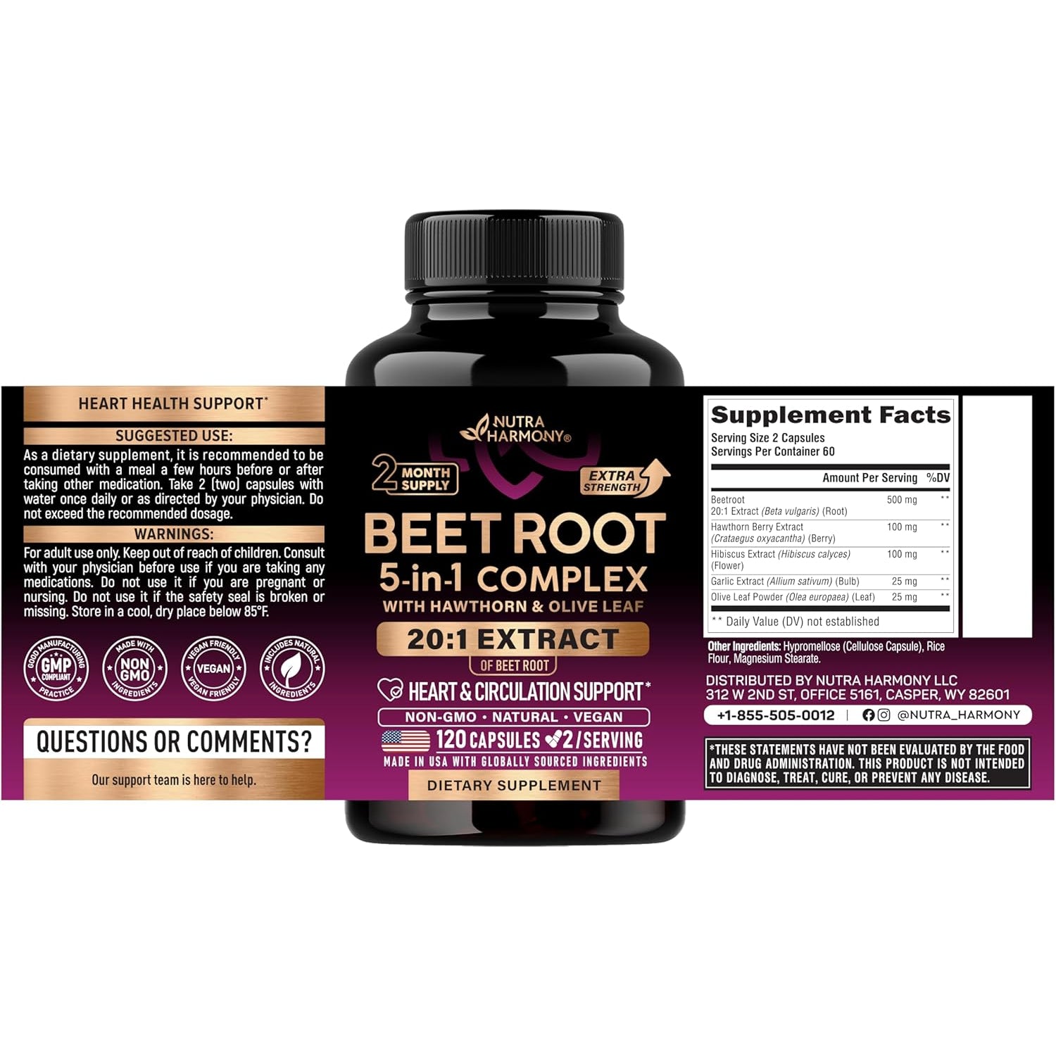 NUTRAHARMONY Beetroot Capsules - 120 Count | Nitric Oxide & Circulation Support | High-Strength Beet Root Extract | Vegan