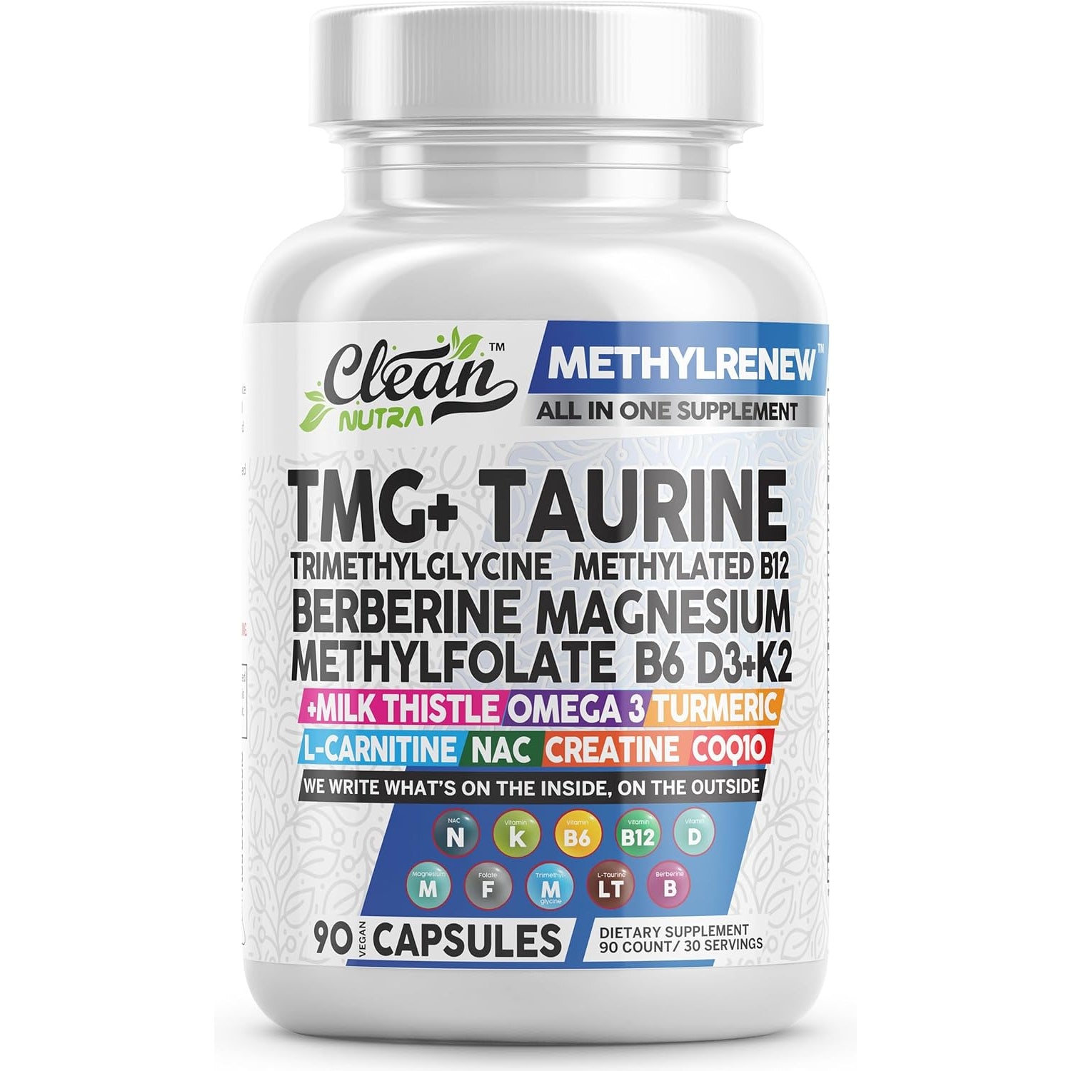 Clean Nutra TMG Supplements 1000Mg | Methylated Multivitamin for Women Men | Taurine B6 Vitamins B12 D3 K2 Trimethylglycine Magnesium Methylfolate Milk Thistle NAC COQ10 B Supplement Complex Capsules