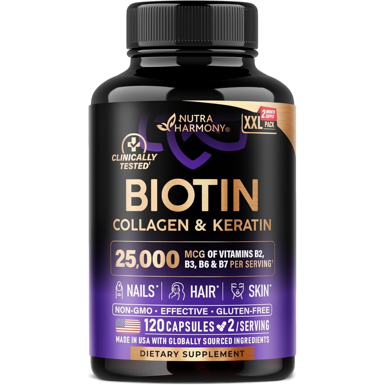 NutraHarmony Biotin, Collagen, Keratin & Hyaluronic Acid Complex – 120 Capsules | 25,000mcg | B Vitamins | Hair Growth, Skin & Nail Support