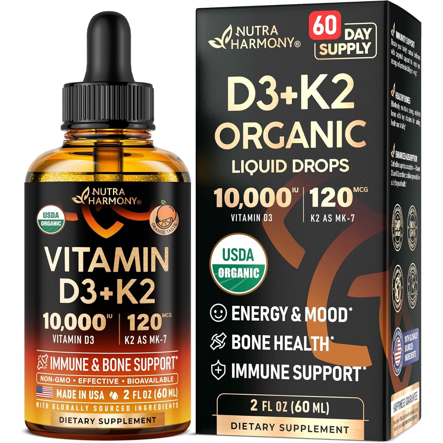 NutraHarmony Organic Vitamin D3 10,000 IU & K2 MK-7 Drops – 60ml | 60-Day Supply | Immune, Mood, Bone & Teeth Support | Sugar-Free Orange