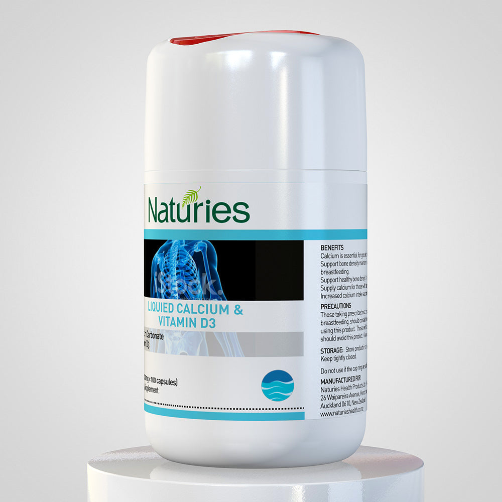 Naturies Calcio Líquido y Vitamina D3 – 100 Cápsulas | Apoyo para Huesos, Dientes e Inmunitario desde Nueva Zelanda