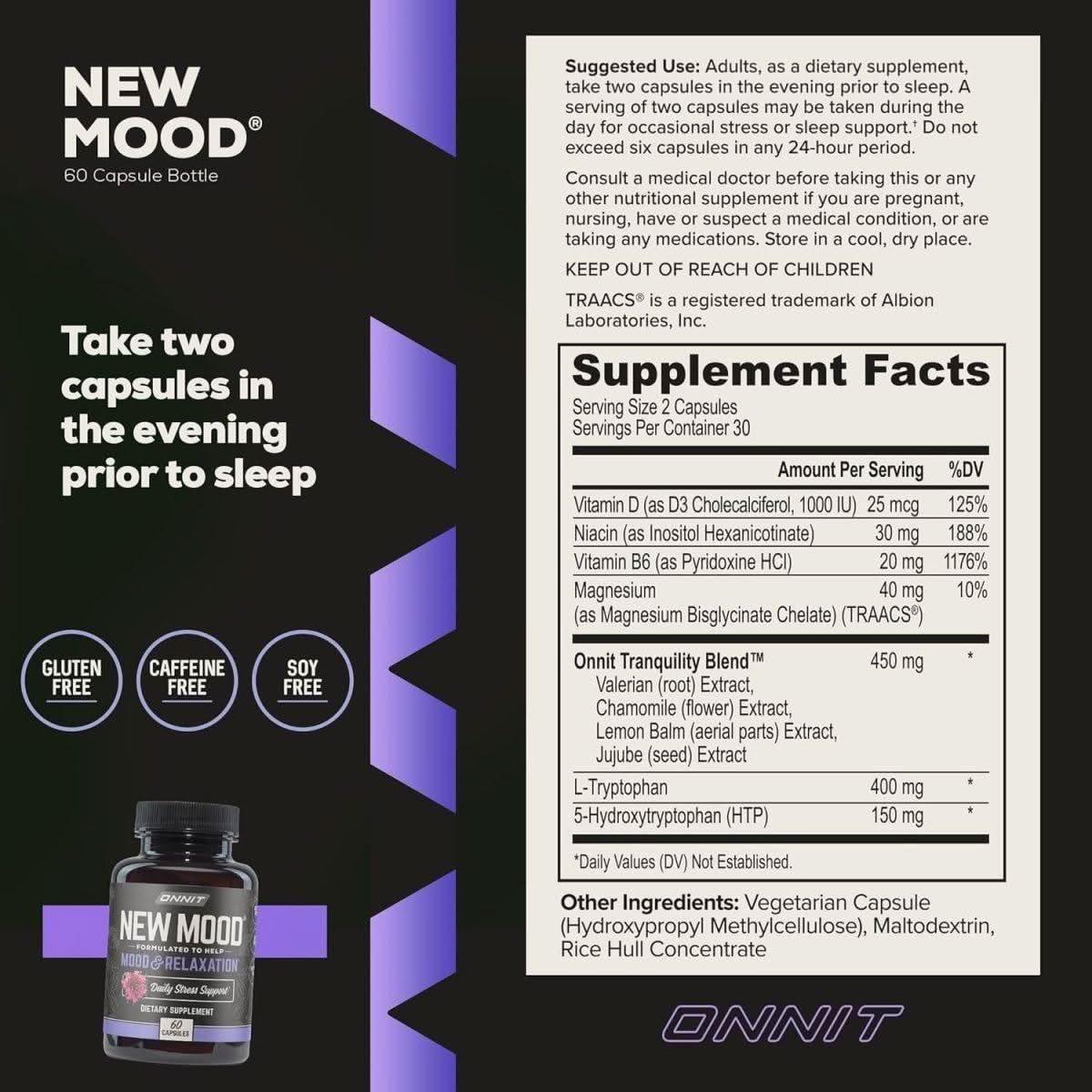 New Mood - Occasional Stress Relief, Sleep and Mood Support Supplement, 60 Count - Glam Global UKOnnit