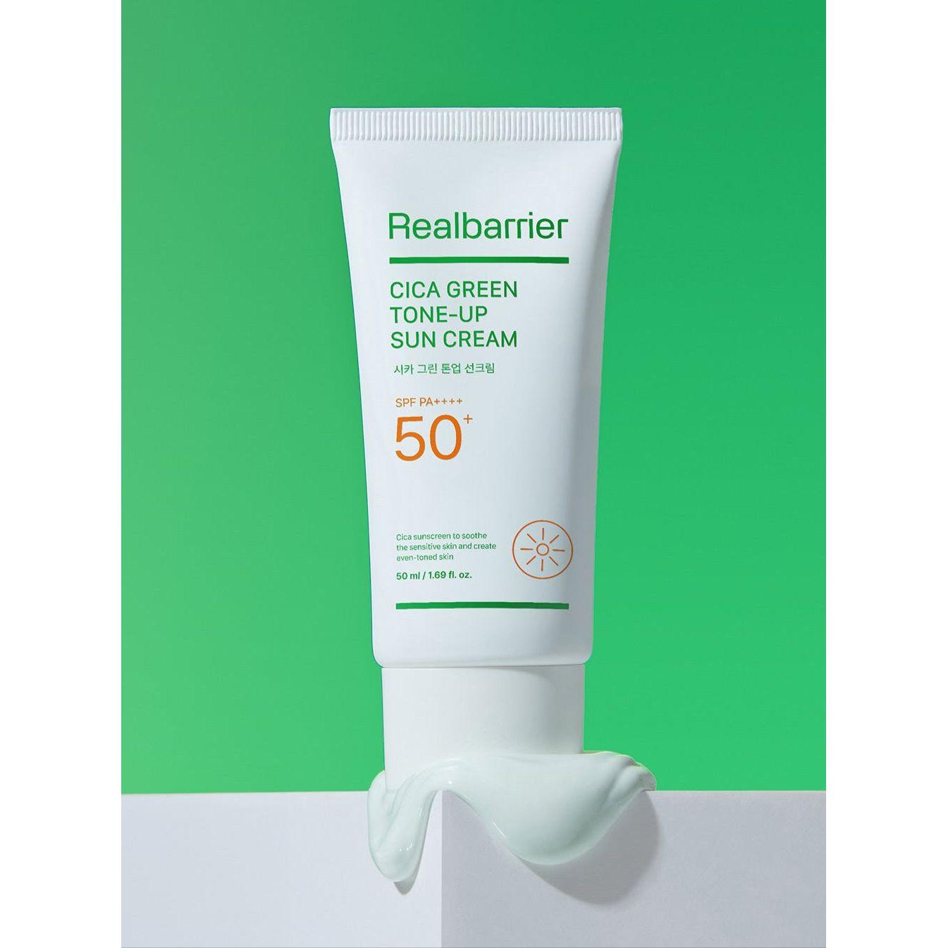 Real Barrier Cica Green Tone-Up Sun Cream SPF 50+ PA++++ – 40ml | Protector solar mineral que calma el enrojecimiento con efecto tono uniforme