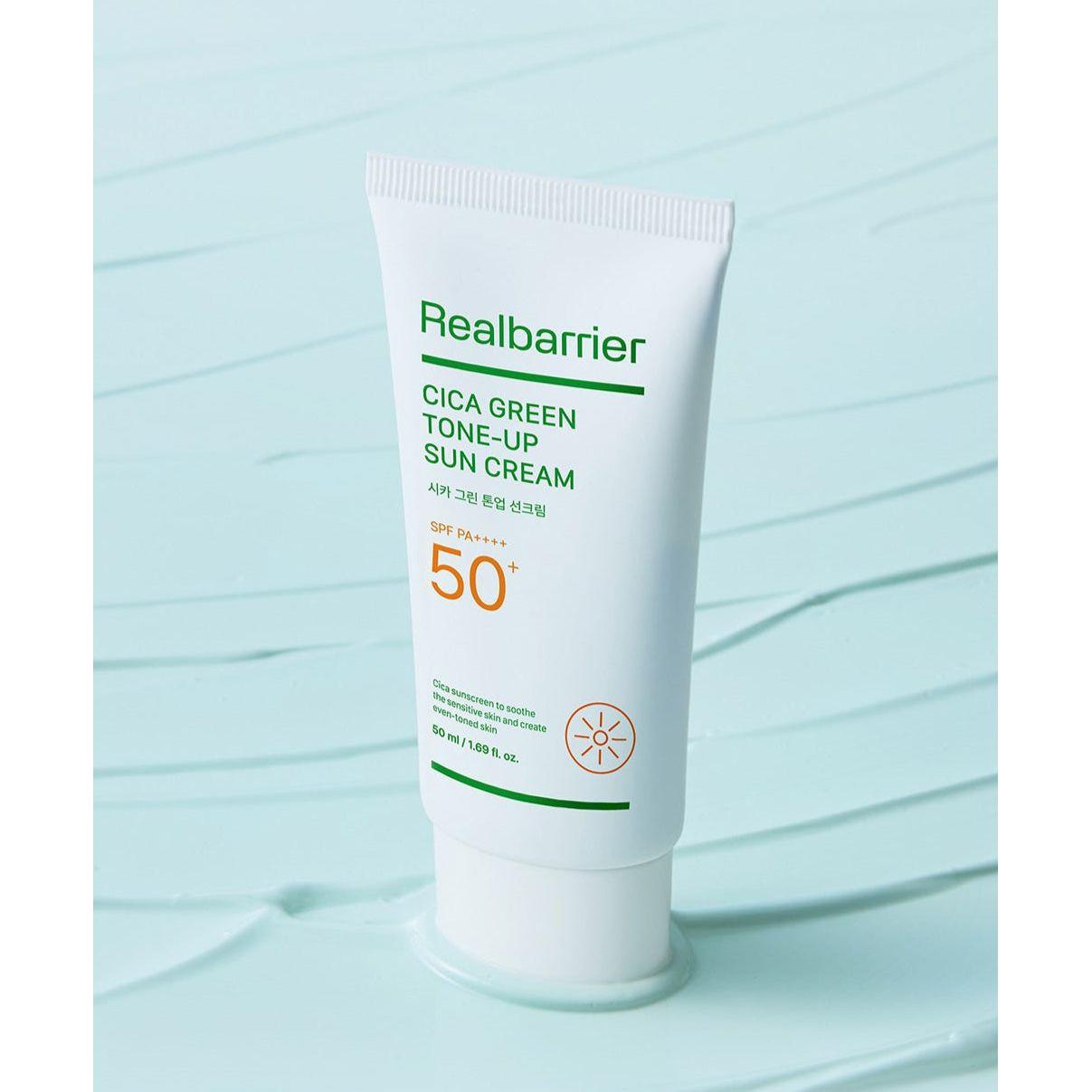 Real Barrier Cica Green Tone-Up Sun Cream SPF 50+ PA++++ – 40ml | Protector solar mineral que calma el enrojecimiento con efecto tono uniforme
